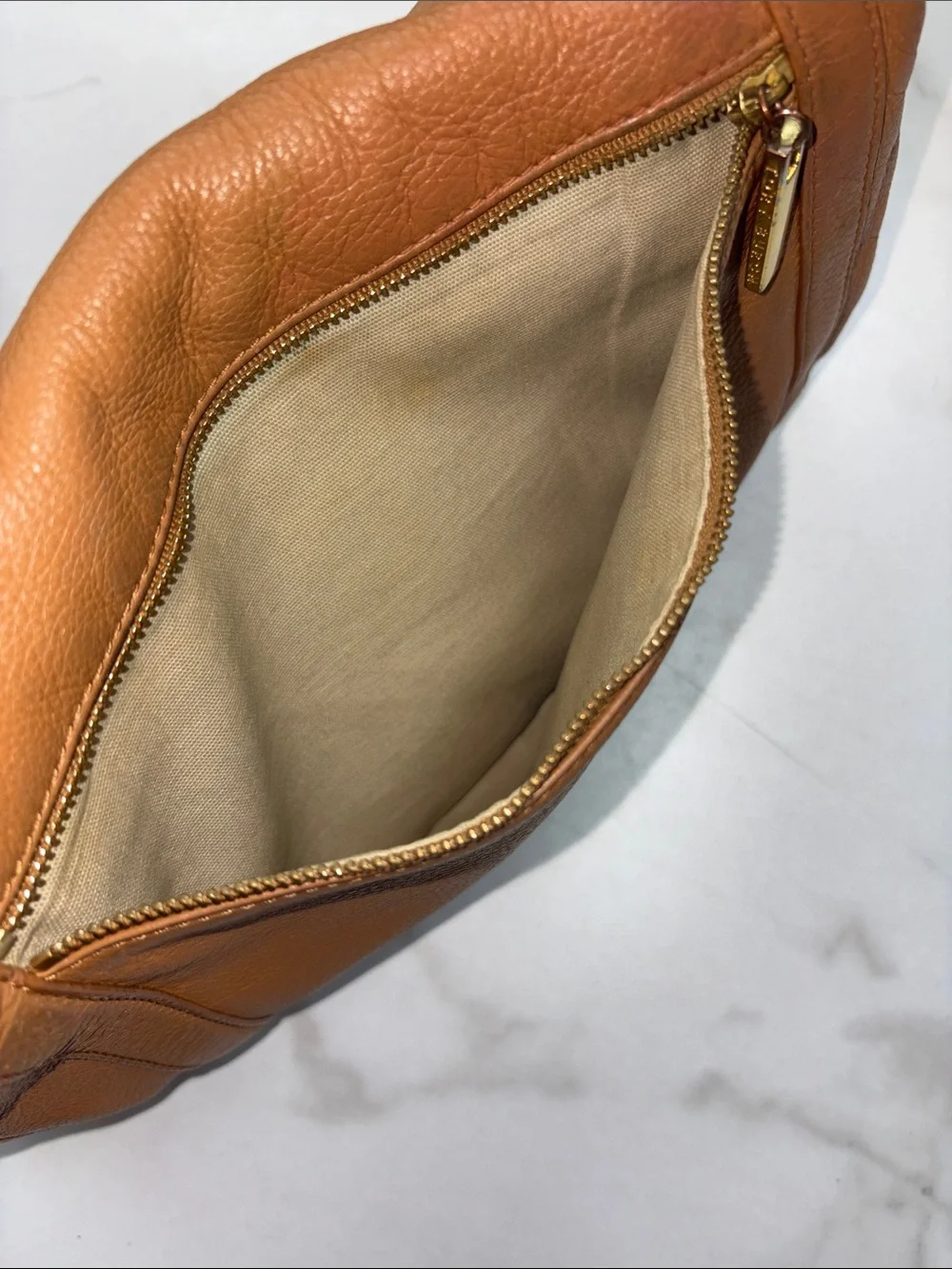 Tory Burch Cognac Pebbled Leather Fold-Over Clutch with Logo